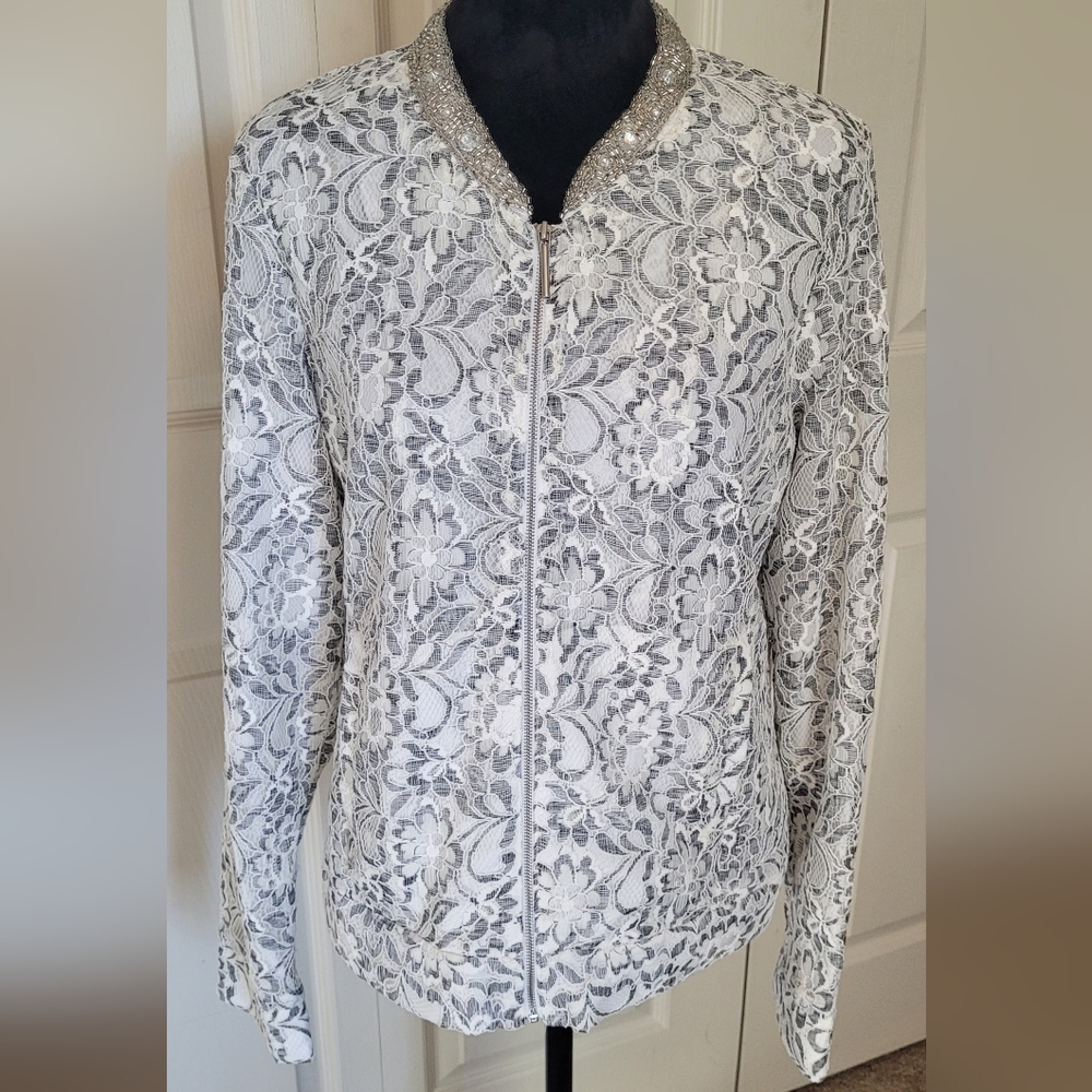 Candie's White & Gray Lace ZIP UP Blazer jacket Beaded  Neck Size L
